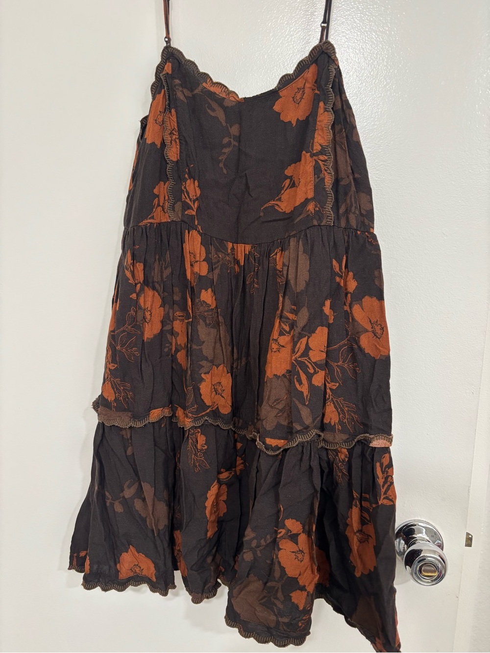 Urban Outfitters Black Tiered Midi Skirt with Rust Floral Print